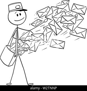 Vector cartoon stick figure dessin illustration conceptuelle de l'envoi de courrier ou mail postman enveloppes. Illustration de Vecteur