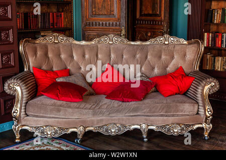 Intérieur classique de luxe accueil bibliothèque. Salon avec bibliothèque, livres, Fauteuil, canapé et cheminée. Décoration moderne et propre avec un élégant f Banque D'Images