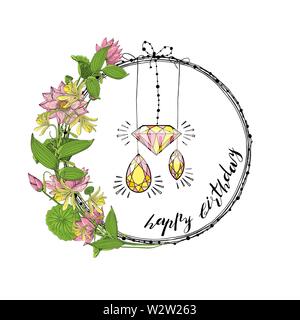Carte de souhaits avec gerbe de fleurs de lotus, de diamants et pierres précieuses, lettrage main joyeux anniversaire. Décoration ronde floral border, conception botanique Illustration de Vecteur