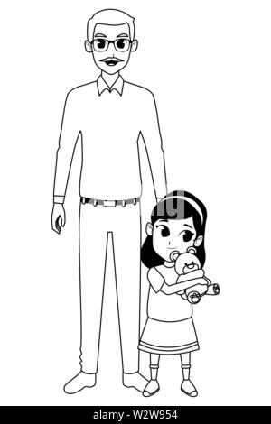 Petite-fille et grand-père de part en noir et blanc Illustration de Vecteur