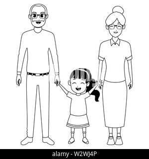 Les grands-parents et petits-enfants de la famille dessins animés en noir et blanc Illustration de Vecteur