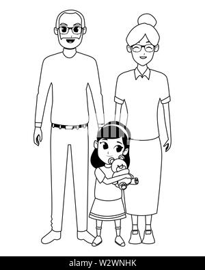 Les grands-parents et petits-enfants de la famille dessins animés en noir et blanc Illustration de Vecteur