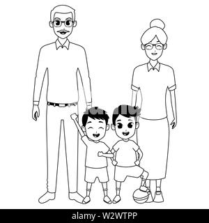 Les grands-parents et petits-enfants de la famille dessins animés en noir et blanc Illustration de Vecteur