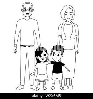 Les grands-parents et petits-enfants de la famille dessins animés en noir et blanc Illustration de Vecteur