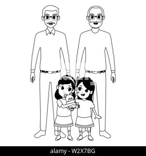 Les grands-parents et petits-enfants de la famille dessins animés en noir et blanc Illustration de Vecteur