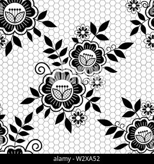 Seamless floral rétro dentelle mariage modèle vectoriel - design de fleurs et de tourbillons, ornement détaillé en noir sur fond blanc Illustration de Vecteur