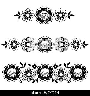 Long vecteur dentelle motif horizontal fixé, la conception de fleurs et de tourbillons, motif dentelle détaillée en noir et blanc. Fond monochrome rétro Illustration de Vecteur