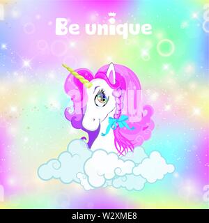 Tête de licorne rose avec mane portrait sur arc-en-ciel lumineux espace de l'univers kawaii ou sky background holographique avec des nuages, magic sparkles, étoile, flous, Illustration de Vecteur