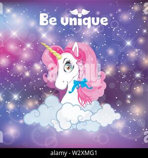 Tête de licorne rose avec mane portrait sur treillis arc-en-ciel espace galaxy univers kawaii ou ciel de nuit, les nuages, l'arrière-plan holographique magic sparkles, étoile, Illustration de Vecteur