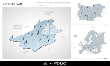 Vector set de Bulgarie pays. Carte en 3D isométrique, Bulgarie carte, carte d'Europe - avec la région, l'Etat et les noms les noms de ville. Illustration de Vecteur