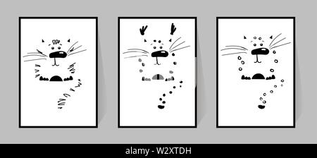 Caricature de silhouettes d'animaux sauvages. Poster monochrome avec les chats. Personnages loufoques pour l'impression de sticker mural, cartes et schémas sur les vêtements, les tissus en question. Tiger, Leopard, le lynx. Vector illustration pour la pépinière, textile, poligraphy. noir et blanc Illustration de Vecteur