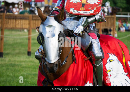 Brackley, UK - 7 juin 2019 : Les gens habillés comme des chevaliers médiévaux sur l'prendre part à un concours de joutes Banque D'Images