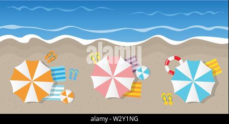 Des vacances sur une plage touristique Vue supérieure avec parasol tongs ball et bouée EPS10 vector illustration Illustration de Vecteur