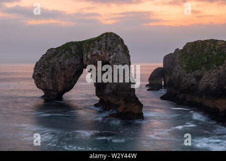 Roche de l'éléphant bizarre de Castro de las gavioatas au coucher du soleil sur la côte des Asturies, dans le Nord de l'Espagne Banque D'Images