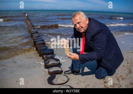 11 juillet 2019, de Mecklembourg-Poméranie occidentale, Vitte : Till Backhaus (SPD), Ministre de l'Agriculture du Mecklenburg-Vorpommern, montre une vieille pièce d'un épi détruit par un navire shell en face de la nouvelle ligne d'épis sur la plage de l'île baltique Hiddensee. Sur la côte du village de Rostock, un nouveau système a été construit pour l'épi, près de cinq millions d'euros afin de protéger efficacement les villages d'une grave maladie des ondes de tempête avec un niveau d'inondation jusqu'à 2,60 mètres. Photo : Jens Büttner/dpa-Zentralbild/dpa Banque D'Images