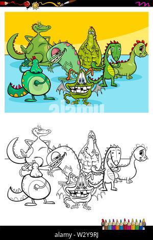 Cartoon Illustration de Funny Dragons Activité de coloriage Personnages Illustration de Vecteur