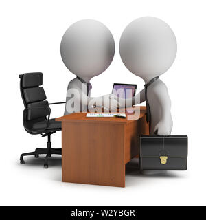 Deux petits 3d personnes ont signé l'accord près du bureau. Image 3d. Arrière-plan blanc. Banque D'Images
