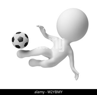 Les petites personnes 3d - joueur de foot en frappant dans un saut sur une boule . Image 3d. Isolé sur fond blanc. Banque D'Images