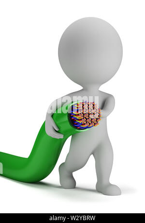 Petit 3d personne exploite le câble électrique. Image 3d. Isolé sur fond blanc. Banque D'Images