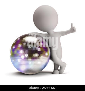 Petit 3d personne debout à côté d'une boule disco et montrant un geste positif. Image 3d. Isolé sur fond blanc. Banque D'Images