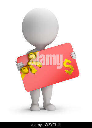 Petit 3d personne titulaire d'une carte-cadeau. Image 3d. Arrière-plan blanc. Banque D'Images