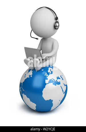 Petit 3d personne assise sur la planète Terre avec un ordinateur portable et un casque. Image 3d. Isolé sur fond blanc. Banque D'Images