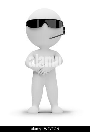 Les petites personnes 3d - gardien de sécurité dans des lunettes noires. Image 3d. Isolé sur fond blanc. Banque D'Images