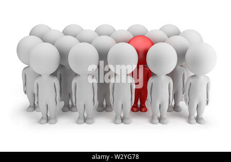 Personne de petite taille - 3d se démarque dans une foule de gens en rouge. Image 3d. Arrière-plan blanc. Banque D'Images