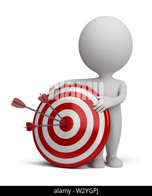 3d petite personne à côté de cible avec trois fléchettes coincé dans l'oeil de boeuf. Image 3d. Isolé sur fond blanc. Banque D'Images