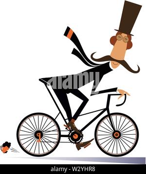 Cartoon moustache man rides sur le vélo illustration isolé. Dans l'homme moustache dessin animé top hat se déplace sur la location isolated on white illustration Illustration de Vecteur