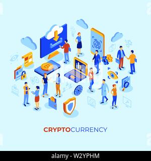 La technologie bitcoin Cryptocurrency 3D isométrique icônes infographie avec des gens d'affaires, annonce vecteur numérique Illustration de Vecteur
