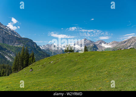 Entre paysages de montagne et l'Oeschinensee station Oeschinen lake avec le sommet de la Grande Lohner, Kandersteg, Oberland Bernois, Canton de Berne, Banque D'Images