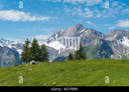Entre paysages de montagne et l'Oeschinensee station Oeschinen lake avec le sommet de la Grande Lohner, Kandersteg, Oberland Bernois, Canton de Berne, Banque D'Images