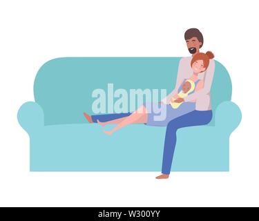 Homme et femme avec bébé nouveau-né sitting on sofa Illustration de Vecteur