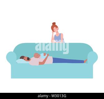 Homme et femme avec bébé nouveau-né sitting on sofa Illustration de Vecteur