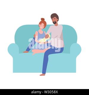 Homme et femme avec bébé nouveau-né sitting on sofa Illustration de Vecteur