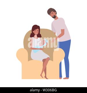 Homme et femme avec bébé nouveau-né sitting on sofa Illustration de Vecteur