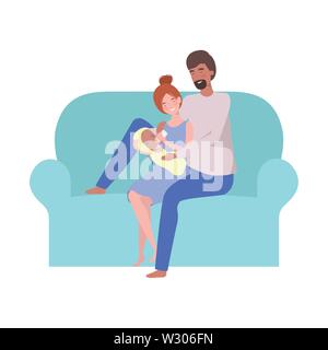 Homme et femme avec bébé nouveau-né sitting on sofa Illustration de Vecteur
