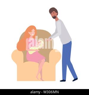 Homme et femme avec bébé nouveau-né sitting on sofa Illustration de Vecteur