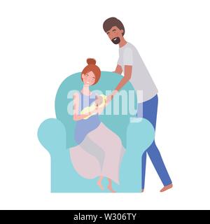 Homme et femme avec bébé nouveau-né sitting on sofa Illustration de Vecteur