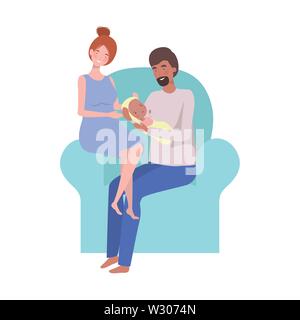 Homme et femme avec bébé nouveau-né sitting on sofa Illustration de Vecteur
