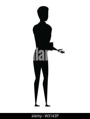 Silhouette noire friendly man tend la main en guise de salutation cartoon character design télévision vector illustration isolé sur fond blanc. Illustration de Vecteur