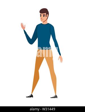 Homme heureux dans des vêtements décontractés avec bras soulevé de geste de bienvenue personnage télévision design vector illustration isolé sur fond blanc. Illustration de Vecteur