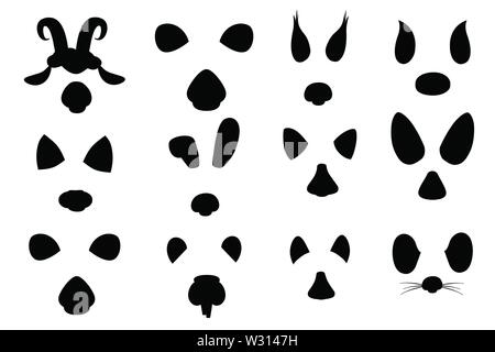 Silhouette noire visage animal cartoon éléments modèle plat, oreilles et nez vector illustration isolé sur fond blanc. Illustration de Vecteur