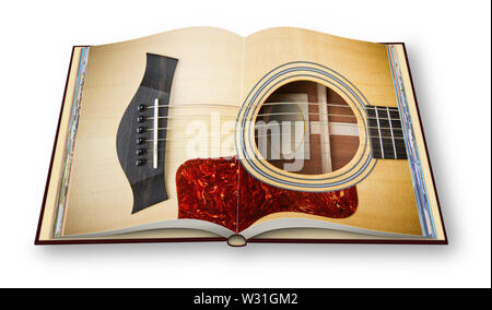 3D render d'une guitare acoustique en bois ouverte sur photobook isolé sur fond blanc Banque D'Images