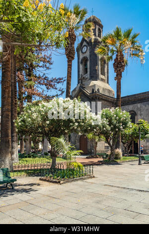 Puerto de la Cruz, Tenerife, Espagne - 10 juillet 2019 : Maisons colorées et de palmiers dans les rues. Se détendre et s'amuser sur une chaude journée d'été ensoleillée. Banque D'Images