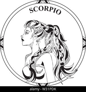 Illustration Vecteur de signe zodiacal scorpion. Belle jeune fille avec de longs cheveux en forme arrondie. Les dessins au trait en illustration pour la coloration. Banque D'Images