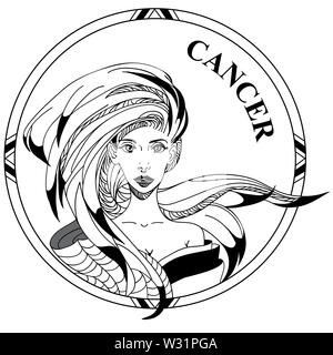 Illustration Vecteur de signe zodiacal Cancer. Belle jeune fille avec de longs cheveux et seachell en forme arrondie. Les dessins au trait en illustration pour la coloration. Banque D'Images