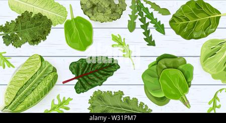 Les légumes vert foncé modèle vectoriel continu sur shabby en bois blanc 24. pour la décoration Illustration de Vecteur