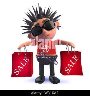 L'image de rendu 3D d'un punk rock kid cartoon en 3d holding shopping bags vente Banque D'Images